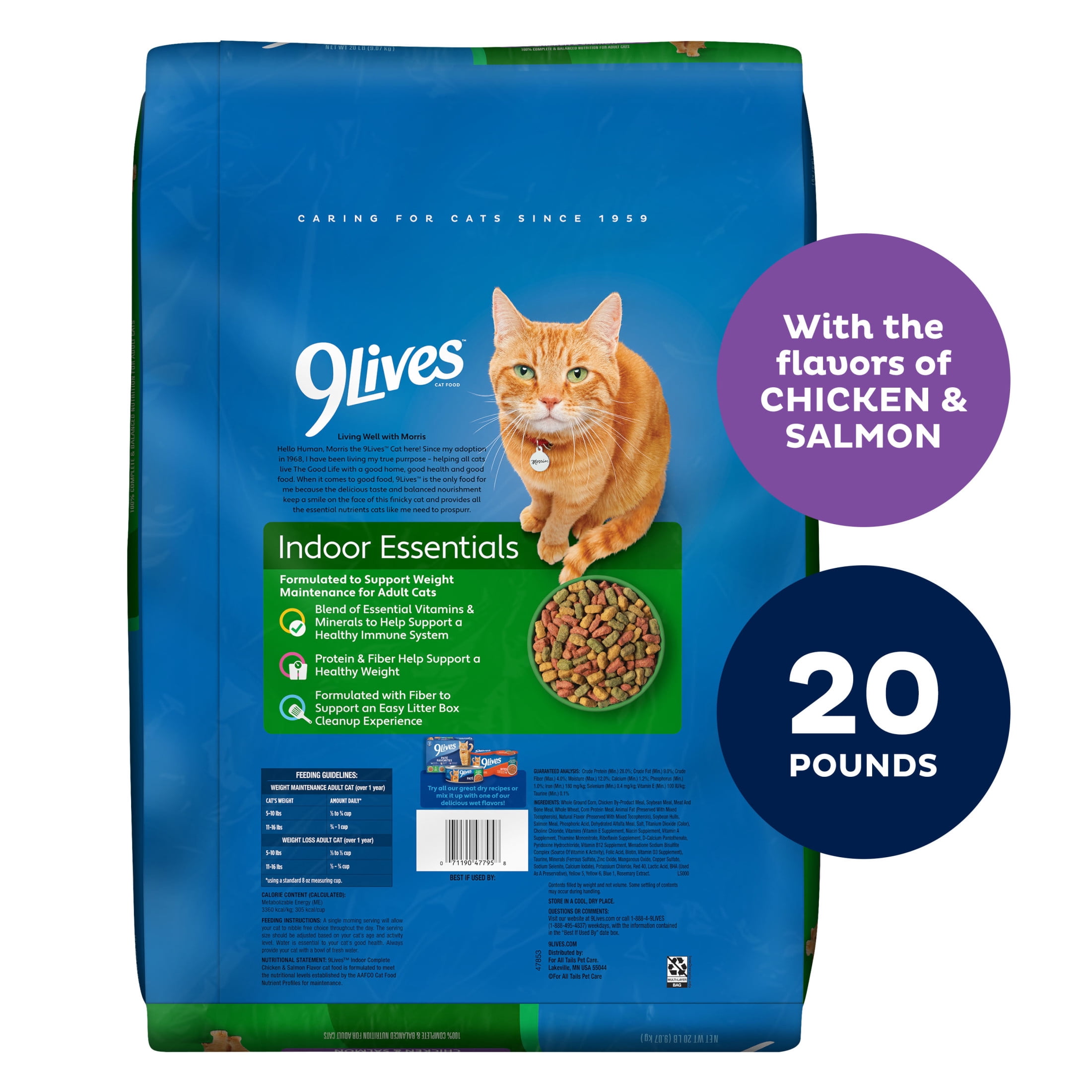 9Lives Indoor Essentials Dry Cat Food for Adult Cats with Chicken & Salmon Flavors, 20 lb. Bag