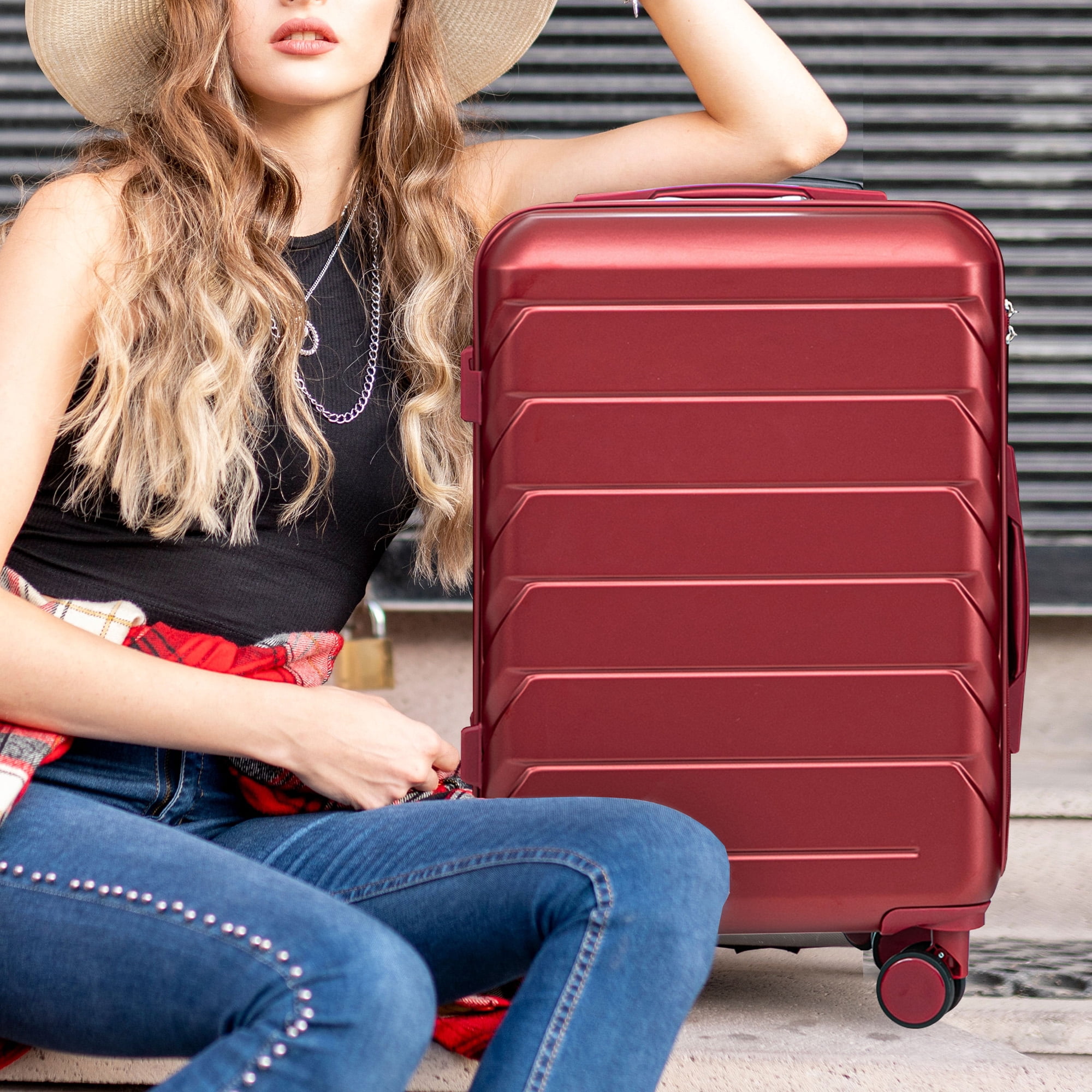 20"/24"/28" 3 pcs/set in ABS Spinner Wheel Luggage, Matching Color, With Combination Lock (Wine Red)