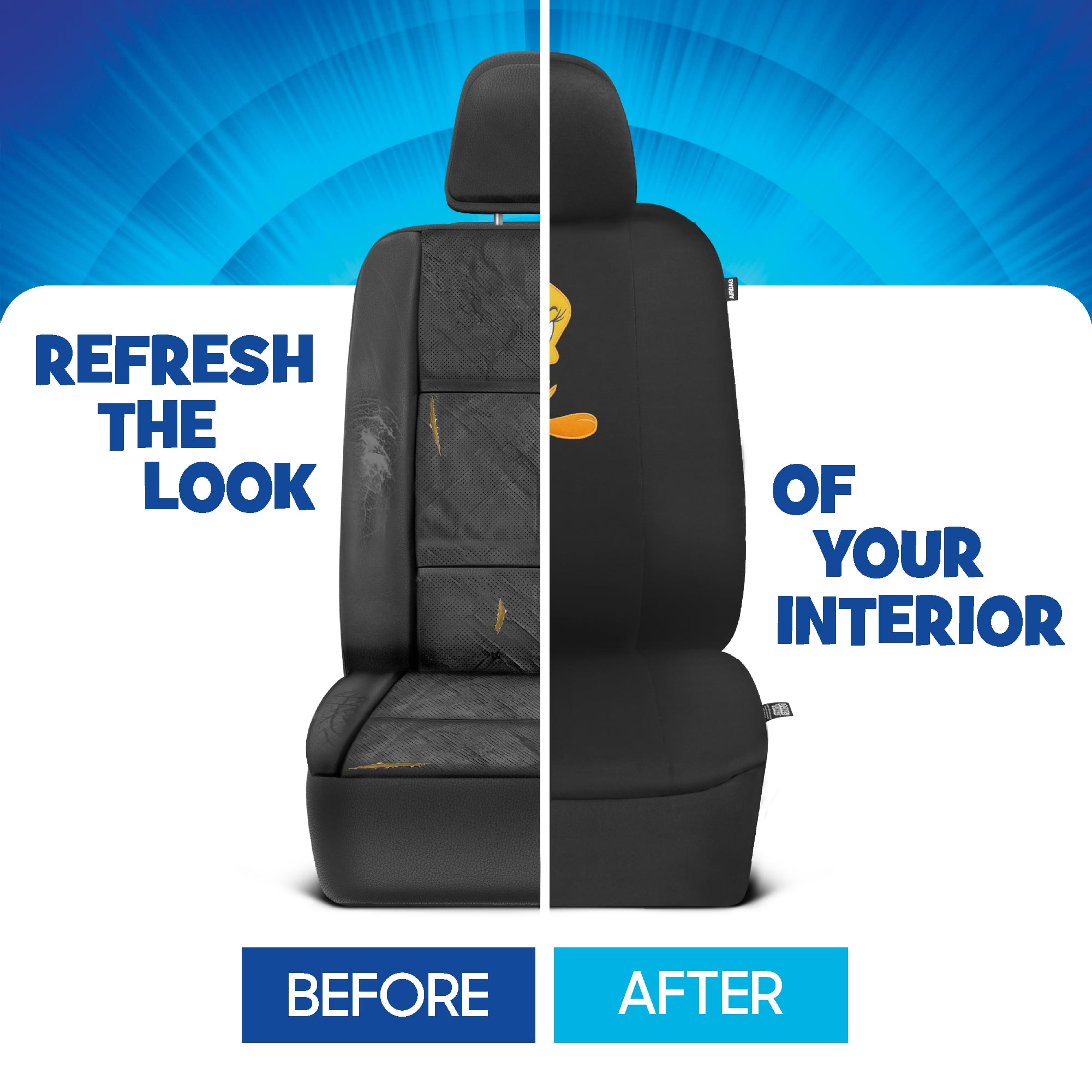 BDK Warner Brothers Looney Tunes Tweety Bird Front & Rear Car Seat Covers Full Set - Easy to Install Durable & Stylish Polyester Fabric Car Seat Cover - Airbag Compatible Universal Fit Car Accessorie