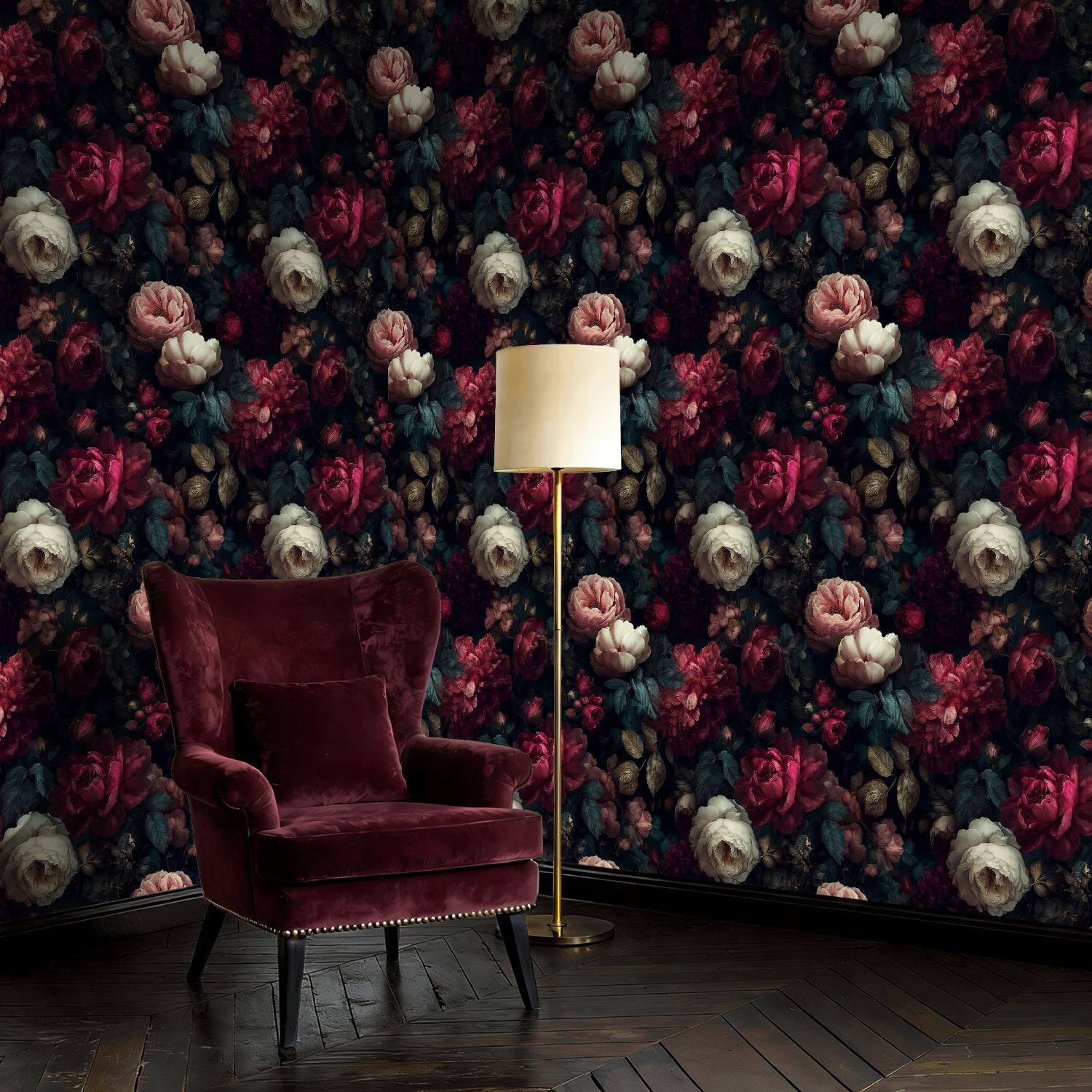 Peel and Stick Wallpaper Dark Floral Peonies Deep Red Blush Pink Ivory Blooms Wall Mural 23.6in x 9.8ft Self Adhesive Removable Wall Paper Renter Friendly Wallpaper for Nursery Bedroom Cabinets