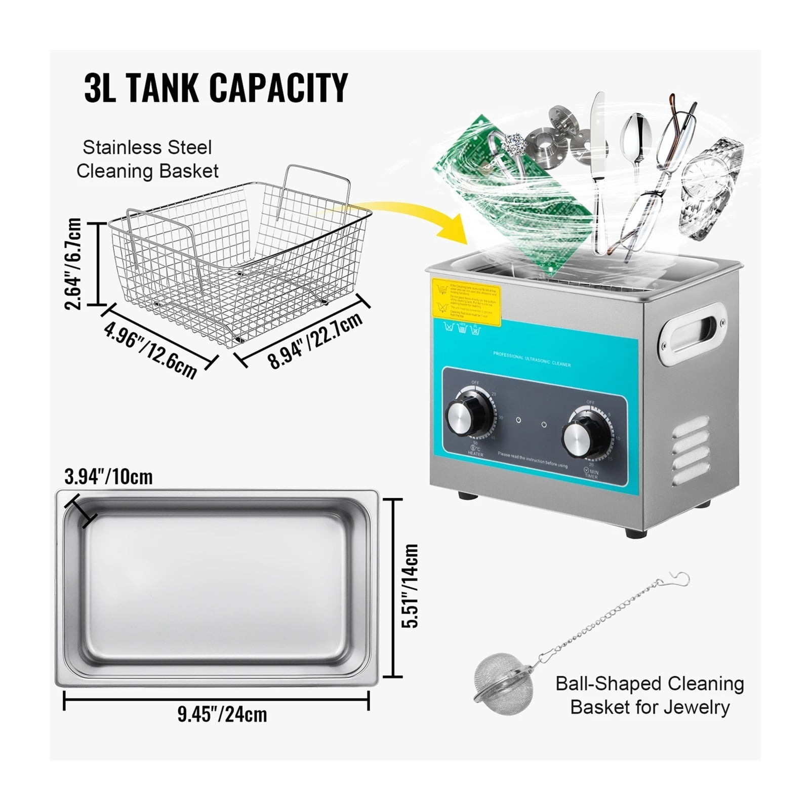 3L Knob Ultrasonic Cleaner Knob Control 304 Stainless Steel Ultrasonic Cleaning Machine w/Heater & Timer for Watch Jewelry