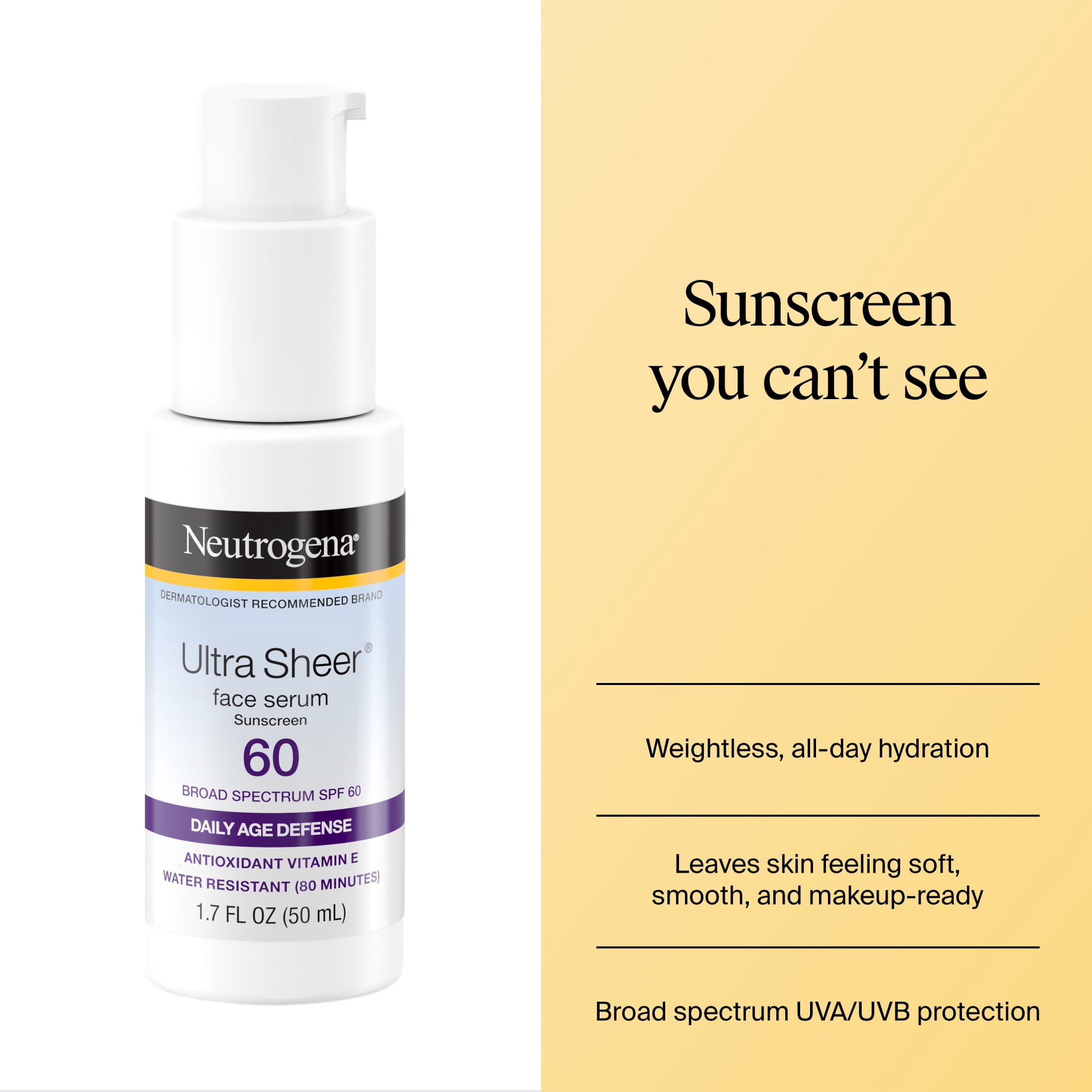 (3 pack) Neutrogena Ultra Sheer Moisturizing Serum, Vitamin E, SPF 60, 1.7 Fl oz