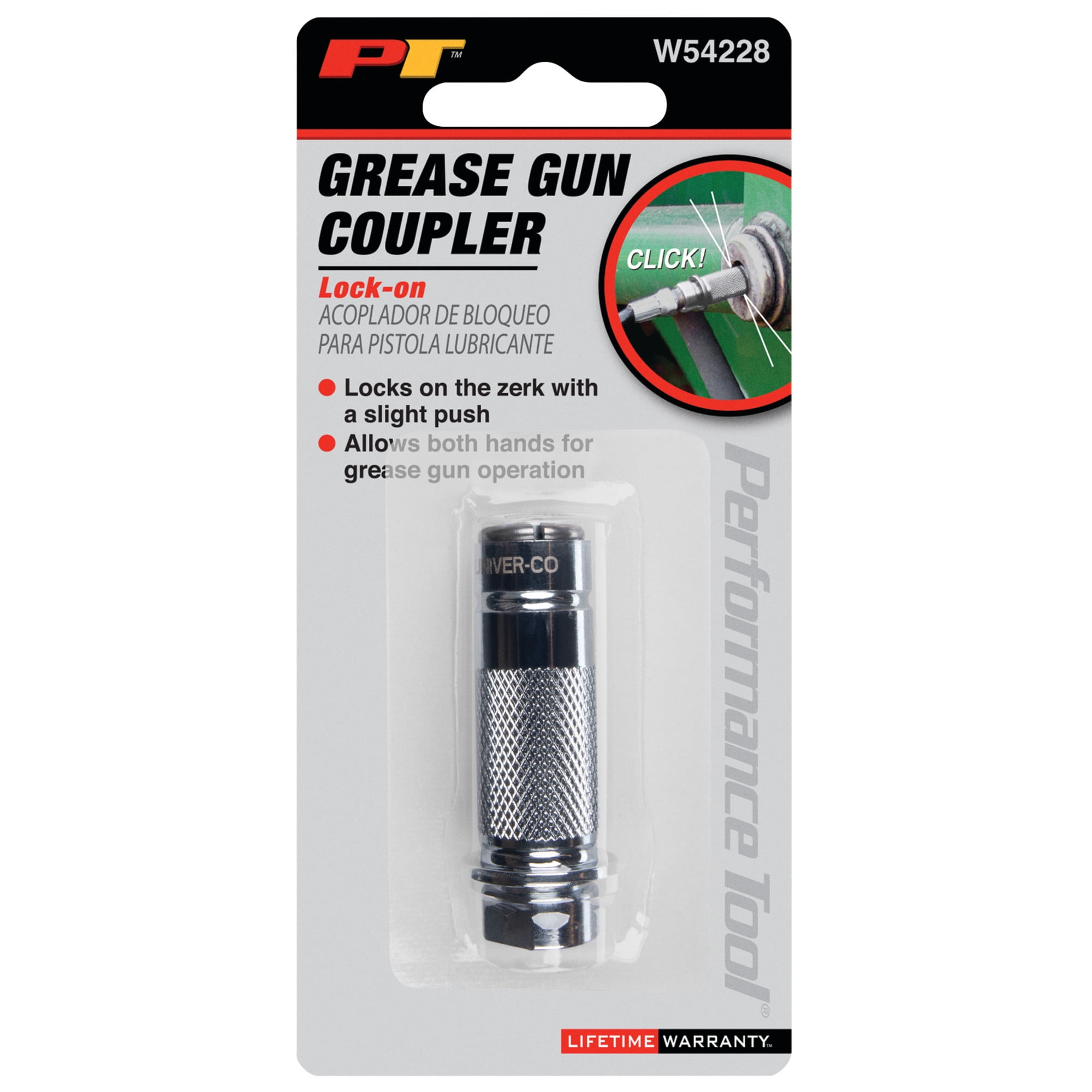 Performance Tool W54228 Lock-On Grease Gun Coupler Tool for Vehicle Maintenance in Garages and Workshops