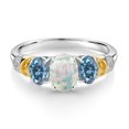 thumbnail image 2 of Gem Stone King 925 Sterling Silver and 10K Yellow Gold Oval White Opal Persian Blue Moissanite and White Diamond 3 Stone Ring for Women (1.93 Cttw, Gemstone October Birthstone, Size 9), 2 of 3
