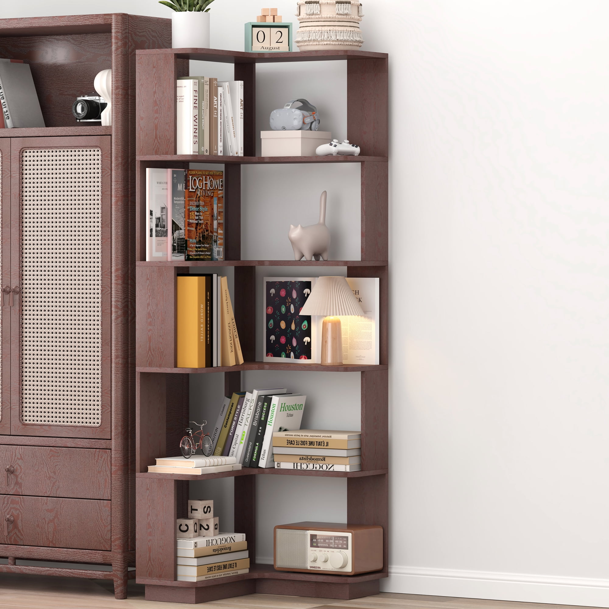 Leumius 6 Tier Freestanding L-Shaped Corner Bookshelf, Wooden Bookcase with anti-drop panle and anti tipping device, Display shelf Open storage rack Organizer for Home Office,Ox Blood Red
