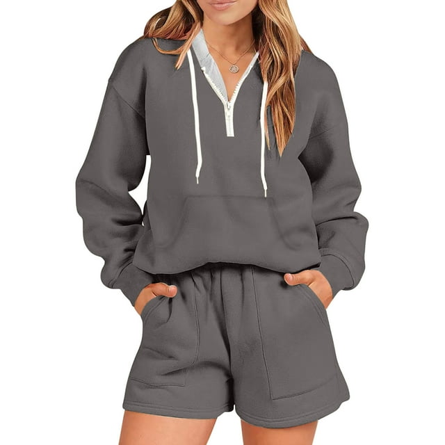 Hot Selling Sportswear For Women Hooded Shorts Set Home Two-Piece Set Dark Gray L