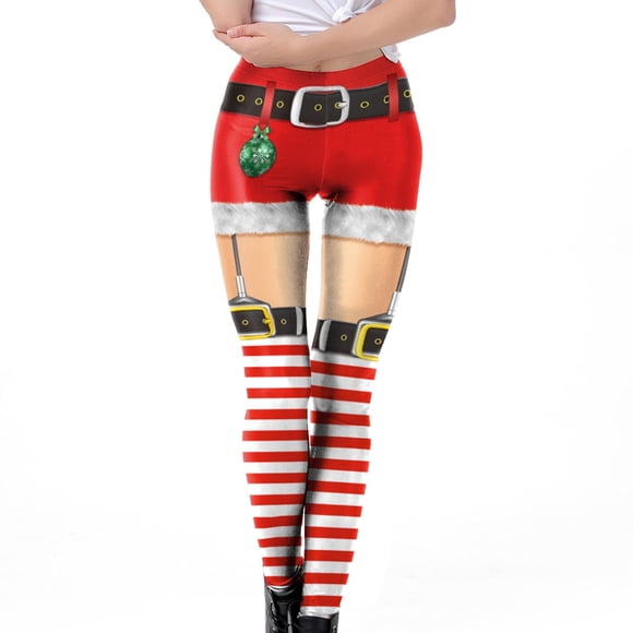 Medias de Navidad Medias Hasta El Muslo Para Mujer Leggings Flaco Campana Impreso Cintura Alta Medias Elásticas Pantalón Pantalones de Yoga Odeerbi ODB141788