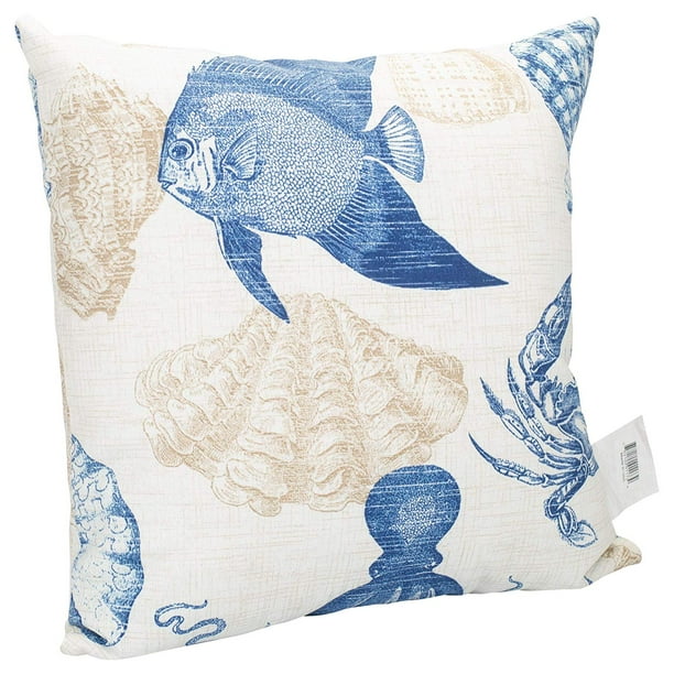 Nautical Blue Seashells on Beige 16 x 16 Indoor Outdoor Throw Pillow