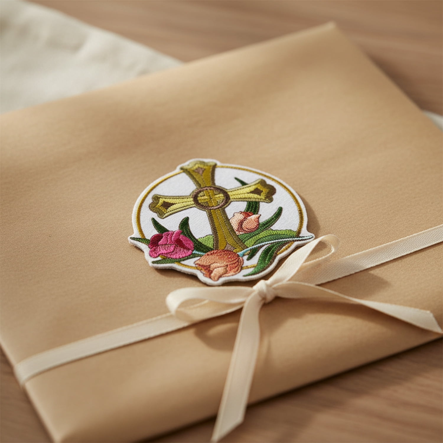 Holy Sacred Cross and Tulip Embroidery Iron On/Sew patch [5" x 5.15"]