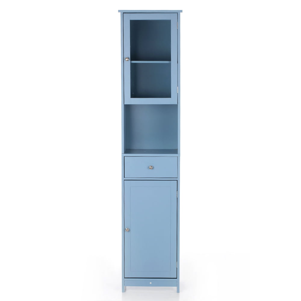 IKAYAA Tall Bathroom Cabinet Storage Unit Tallboy Cabinet Free Standing Cupboard Wooden Floor Cabinet Blue 
