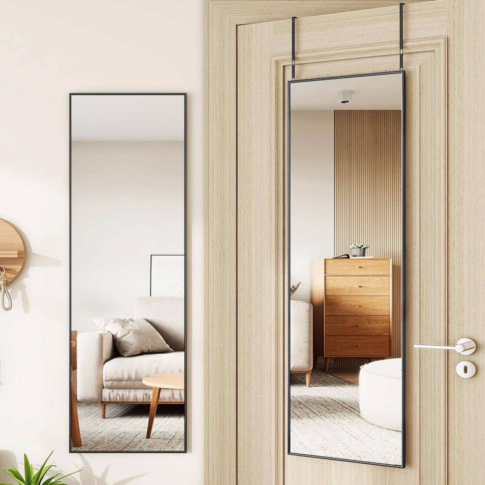 SHATTERVIEW 48"x 14" Full Length Mirror Door Hanging Wall-Mounted Mirror, Black