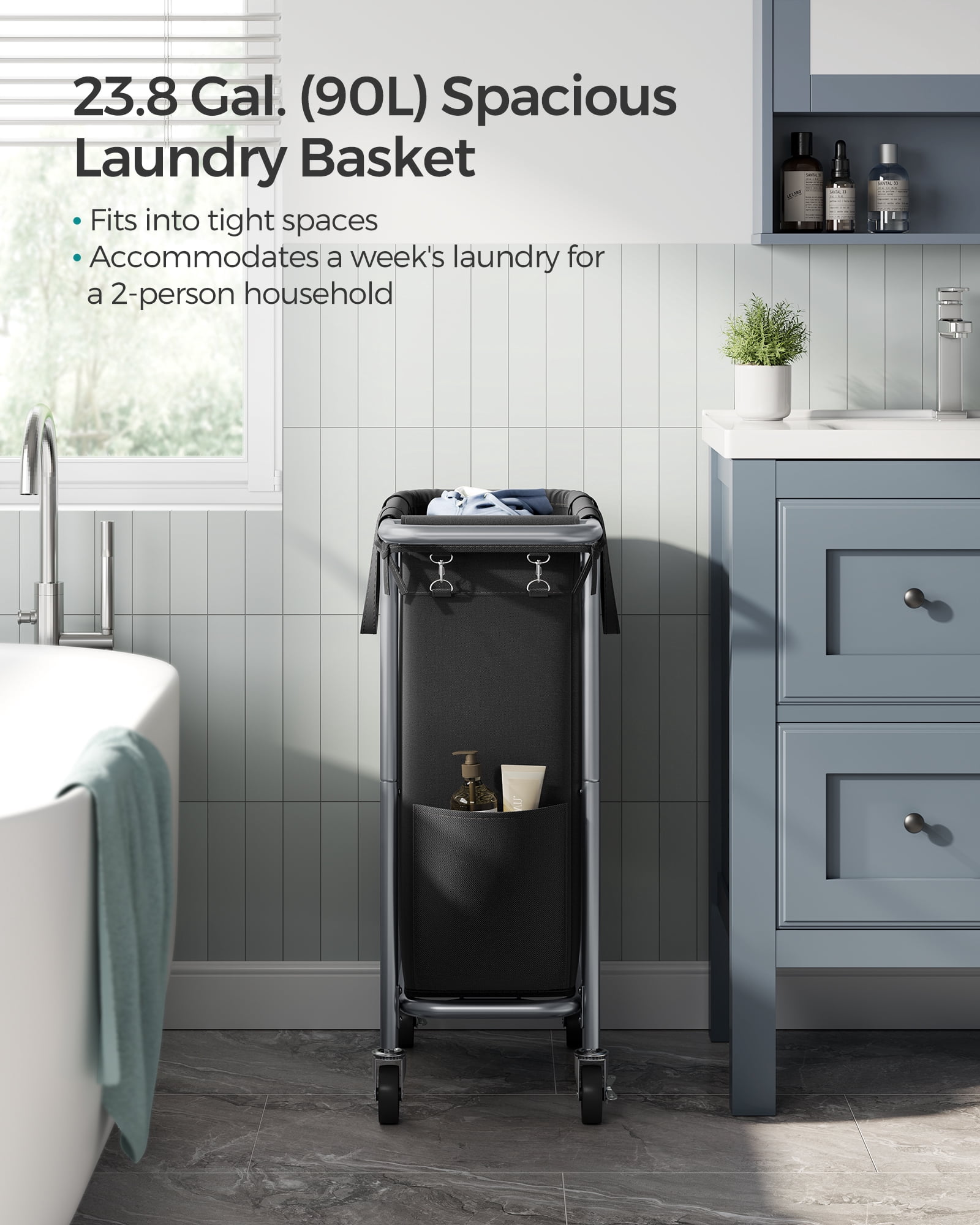 90L Laundry Sorter Laundry Basket with Wheels Rolling Laundry Hamper with Removable Liner Ink Black