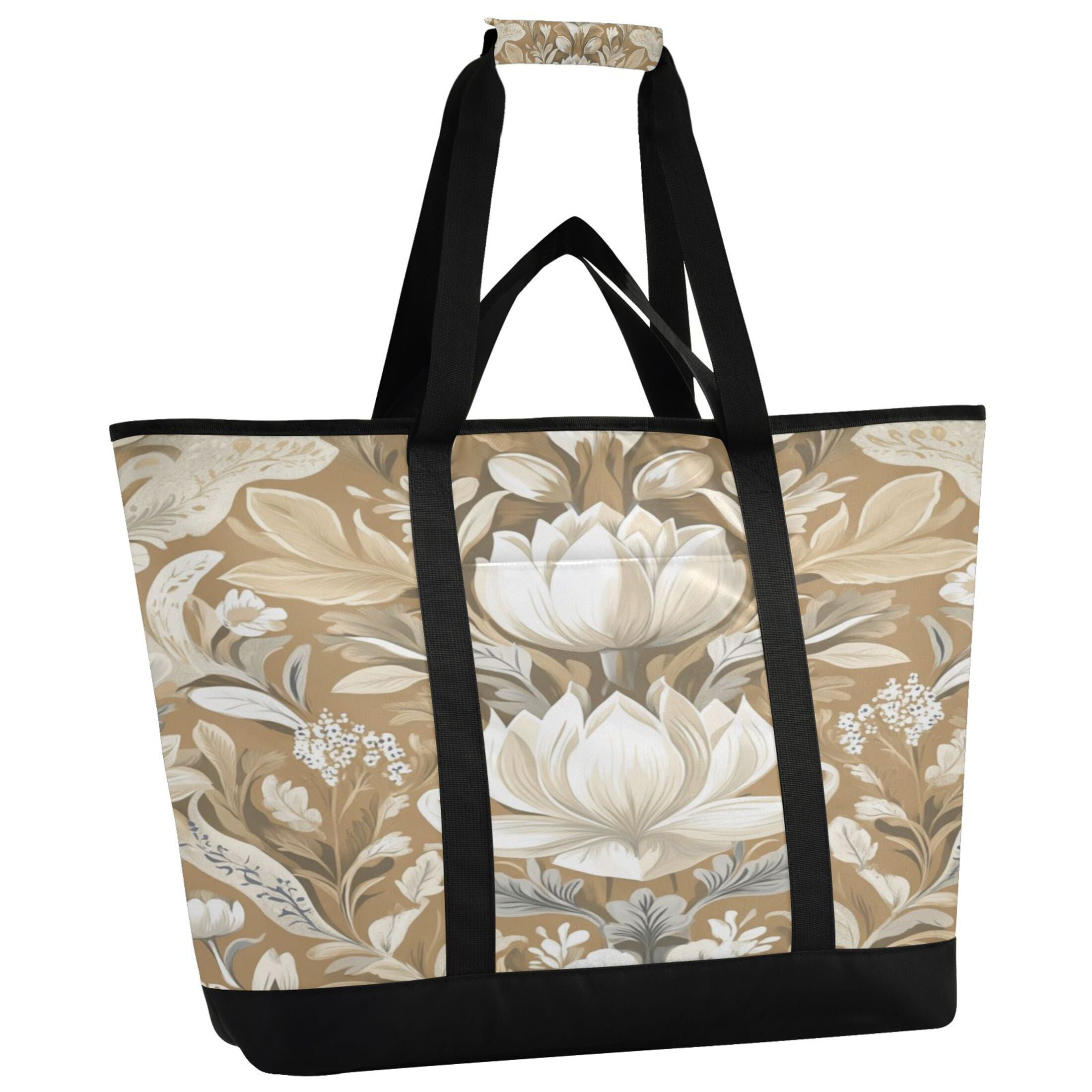 Large Hand-held Ice Pack Picnic Bag Insulation and Refrigeration Suitable for Shopping Picnics and Camping Beautiful Brown Flower