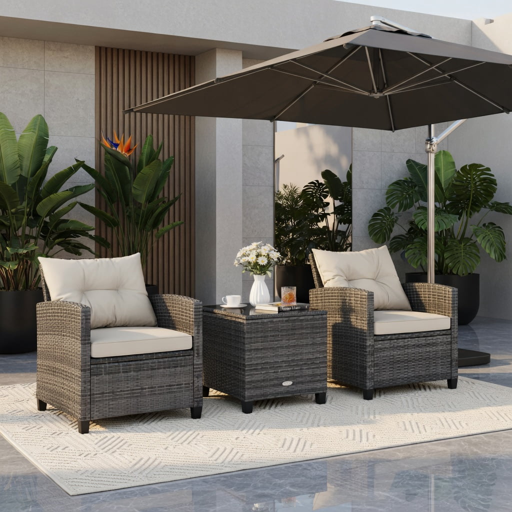 Hommoo 3-Piece Outdoor Wicker Conversation Set, PE Rattan Sofa & Tempered Glass Coffee Table with Weather-Resistant Cushions, White