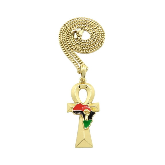 iJewelry2 Gold Tone ANKH Cross with Afro-Flag Colored Africa Continent and Fist Motif Cuban Chain Pendant Necklace 18''