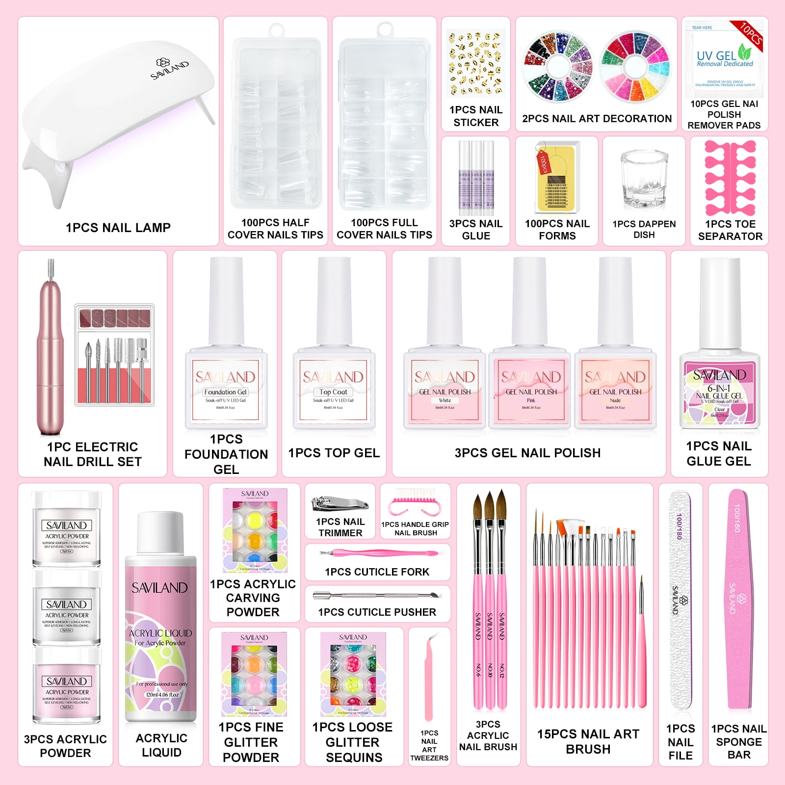 Saviland Acrylic Nail Kit with Nail Drill – Acrylic Powder And Liquid Set with Gel Nail Polish Nail Glue Gel Portable U V Light Nail Stuff Acrylic Nail Brush for Home DIY Salon Use