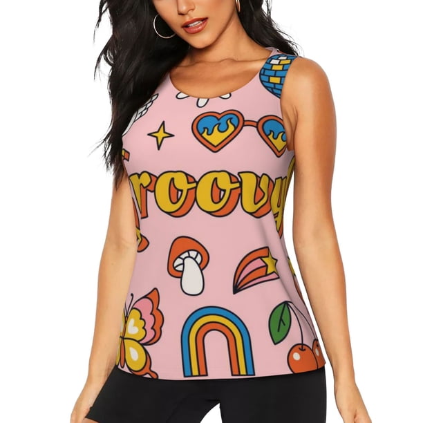Fotbe Retro 70s Hippie Blusas Sin Mangas para Mujer – Estilo Casual, Corte Suelto, Slim-Fit, Cuello Redondo Deportivo, Tops de Verano para Gimnasio y Yoga-Medium