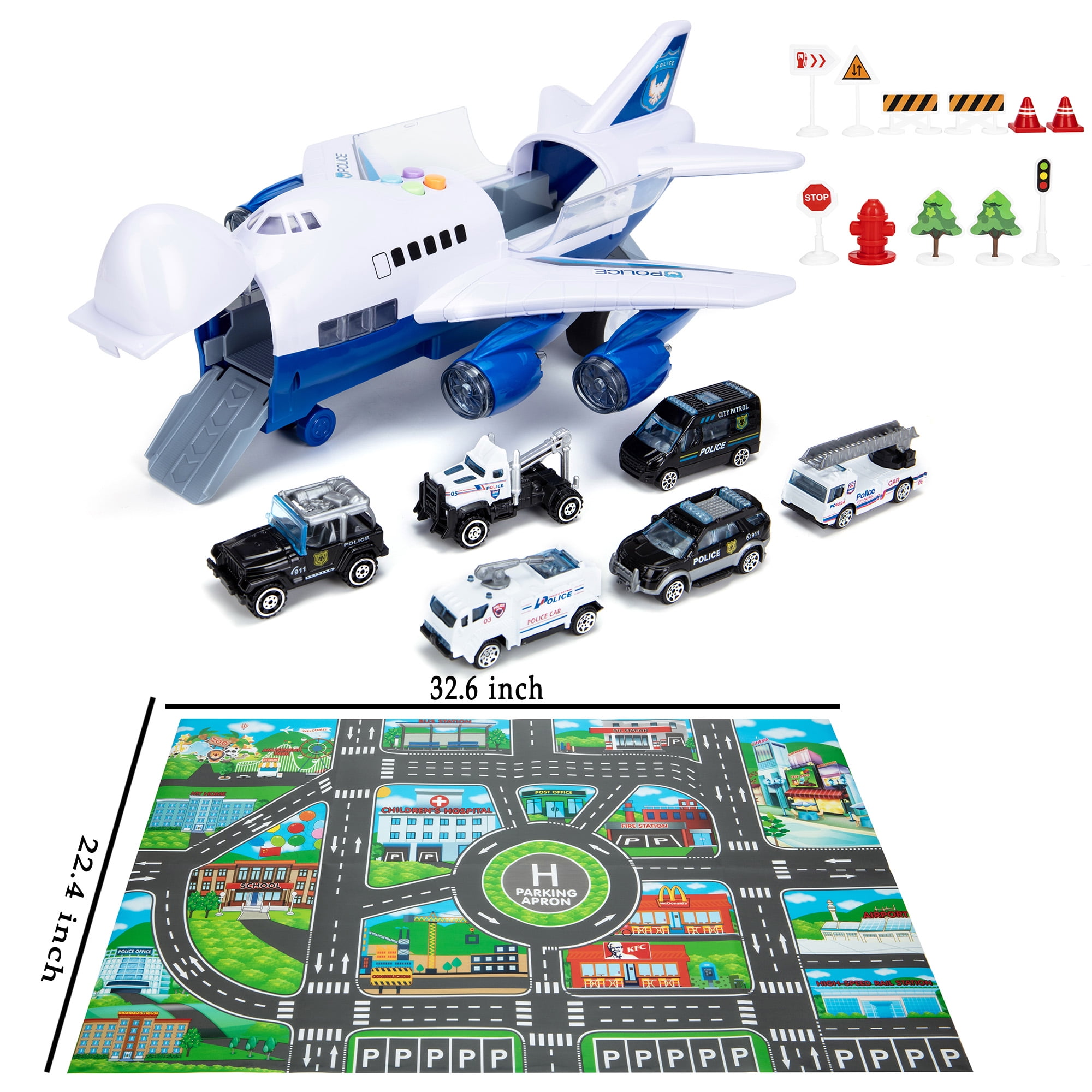 DODOING Car Toys Set Airplane Toys with 6 Police Diecast Toy Cars and Accessories, Police