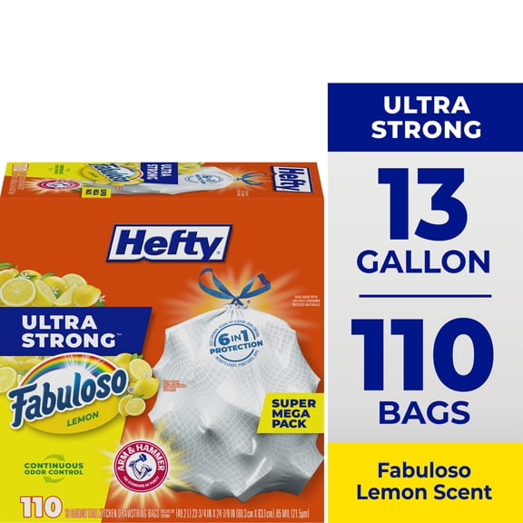 Hefty Ultra Strong 13 Gallon Trash Bags, Tall Kitchen Trash Bags, White, Fabuloso Lemon Scent, 110 Bags