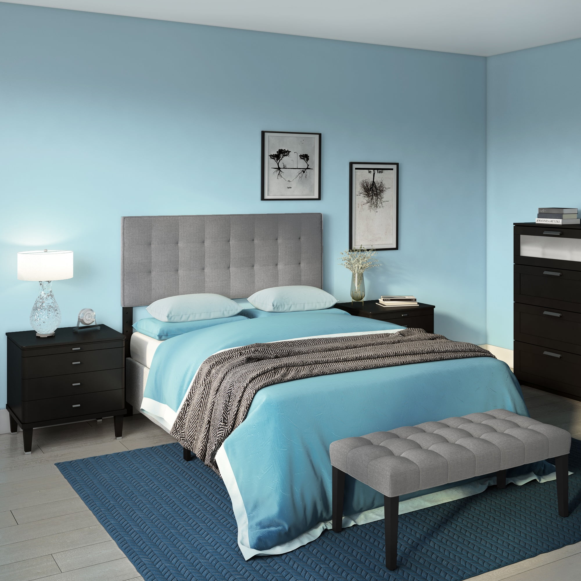 HomeFare Upholstered Queen Headboard and End of Bed Bench in Glacier Gray