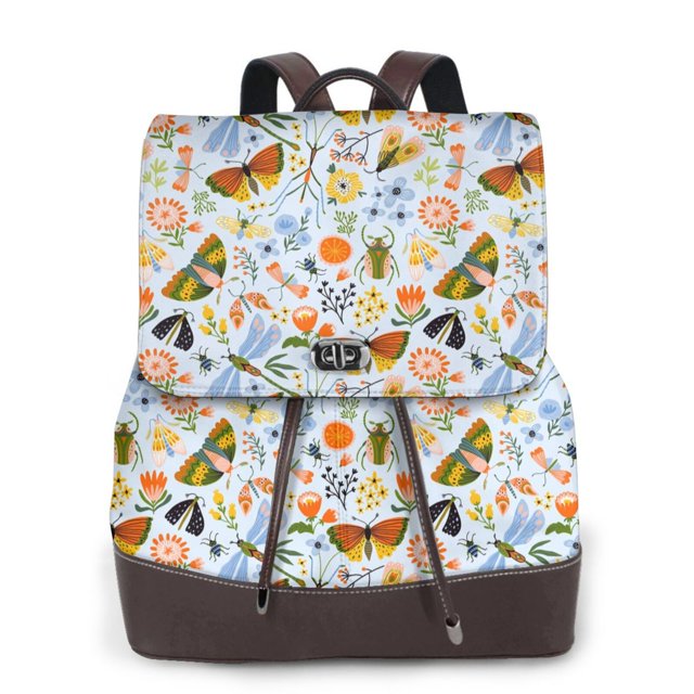 Gaeub Insects and Flowers Print Women's Leather Backpack,Travel Laptop Backpack,Fashion Ladies Leather Backpack Bag for Travel,Leather Drawstring Daypack for Men