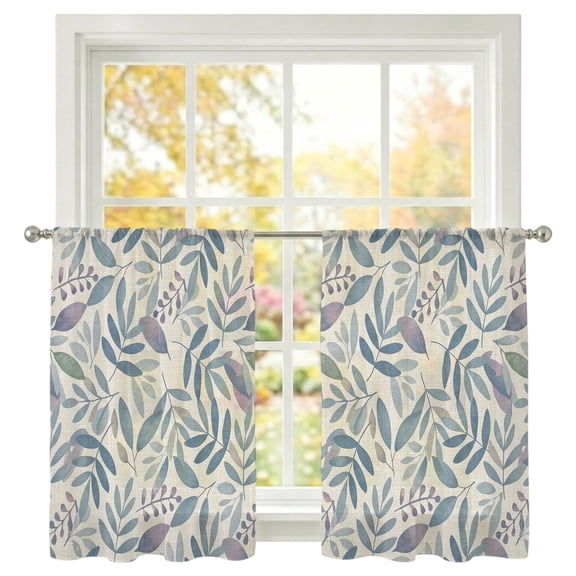 Blue Sheer Curtains 45 inches Long, Botanical Leaves Vintage Linen Light Filtering Sheer Window Curtains Rod Pocket Voile Drapes for Bedroom Living Room, 2 Panels