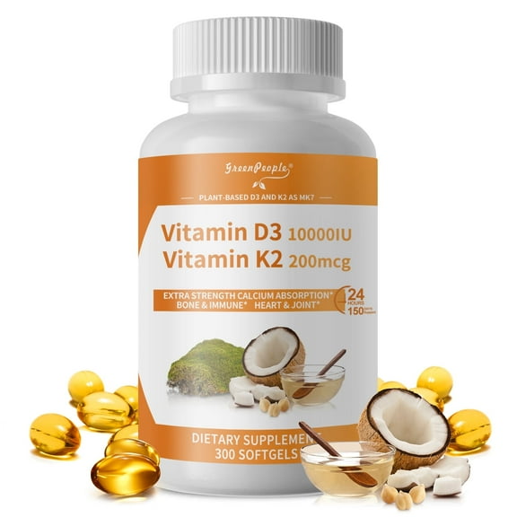 D3K2 Vitamin D3 10000 IU   Vitamin K2 (MK-7) 200mcg w/Virgin Coconut MCT Oil | 300 Count for | Enhanced Absorption, Non-GMO, Easy to Swallow