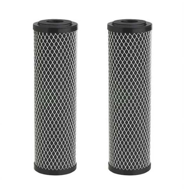 Carbon Water Filter 10-Inch Standard Whole House Carbon Wrap Sediment Odor Replacement Filter 5 Micrometres. The image shows two cylindrical carbon water filters with a black top and bottom, wrapped in a white diamond-patterned mesh. These filters are designed to reduce chlorine, sediment, rust, and odor in tap water, filtering up to 13,000 gallons depending on water quality. Recommended for residential use, they are compatible with models like WFPFC8002, FXWTC, and WHCF-WHWC. Made of carbon fiber, they are suitable for replacing every 3-6 months for optimal performance.