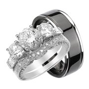His and Hers Wedding Rings Set Her Sterling Silver Black Plated Titanium Band for Him (10/13)