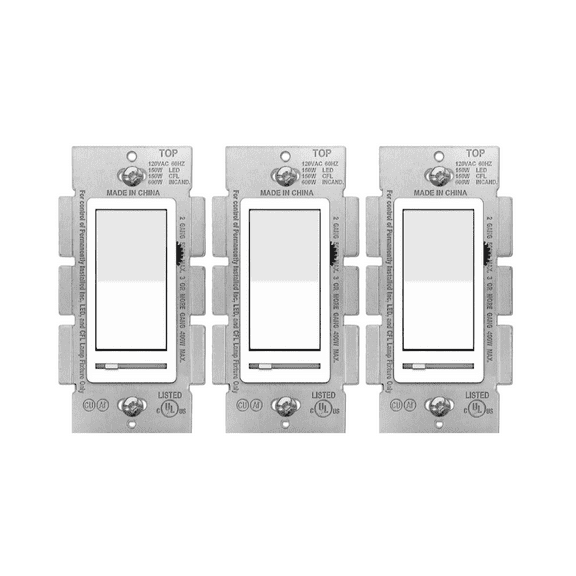 3-Way White Dimmer Switch, Single Pole, Decora, Rocker Switch, Slide Dimmer, 150W LED, for Dimmable LED, Fluorescent and Incandescent Lights, 3 Pack