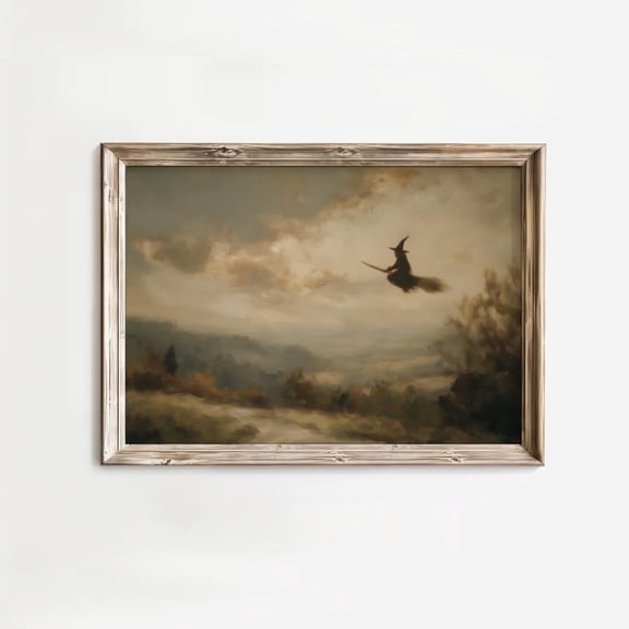 Witch On Broom Halloween Wall Art Print