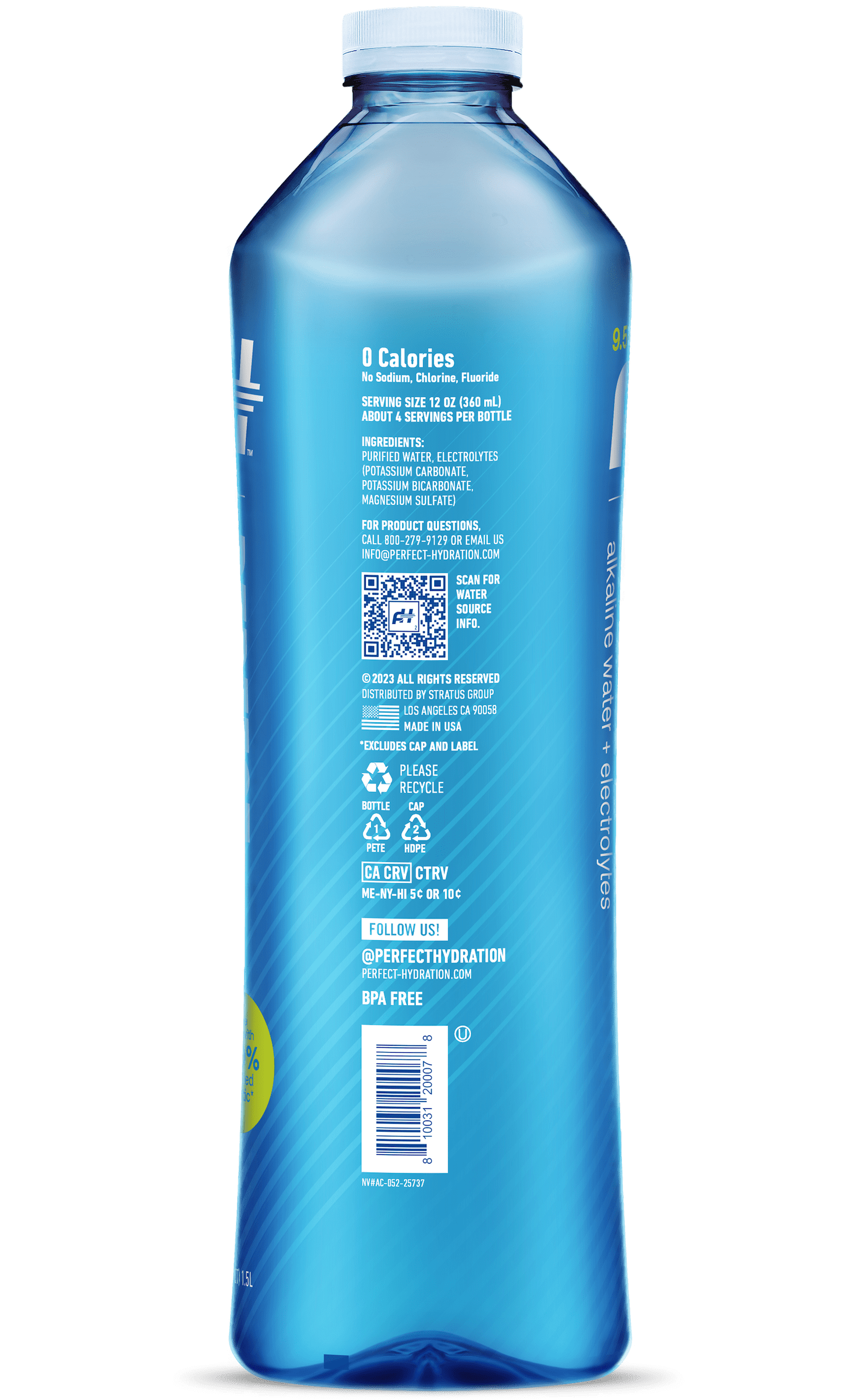 Perfect Hydration 9.5 pH Alkaline Water, Electrolytes for Taste, Bottles Made with 100% Recycled Plastic, 1.5-Liter, Case of 12 Bottles, 2 Cases