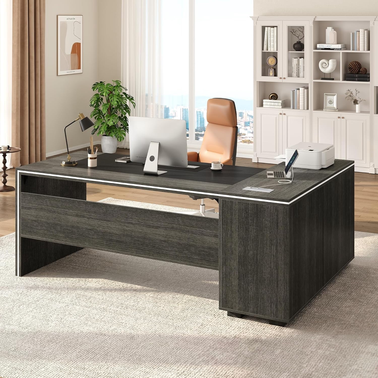 Vividwood L-Shaped Executive Desk with Cabinet Storage, 71" Office Computer Desk with Storage Shelves, CPU Stand, Cable Management (Gray)