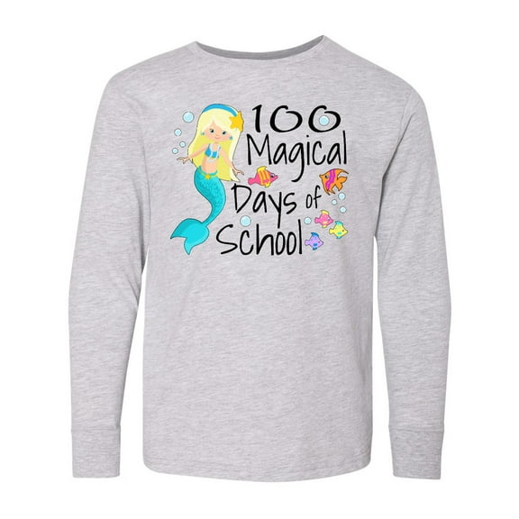Inktastic 100 Magical Days of School with Blue Mermaid and Fish Long Sleeve Youth T-Shirt