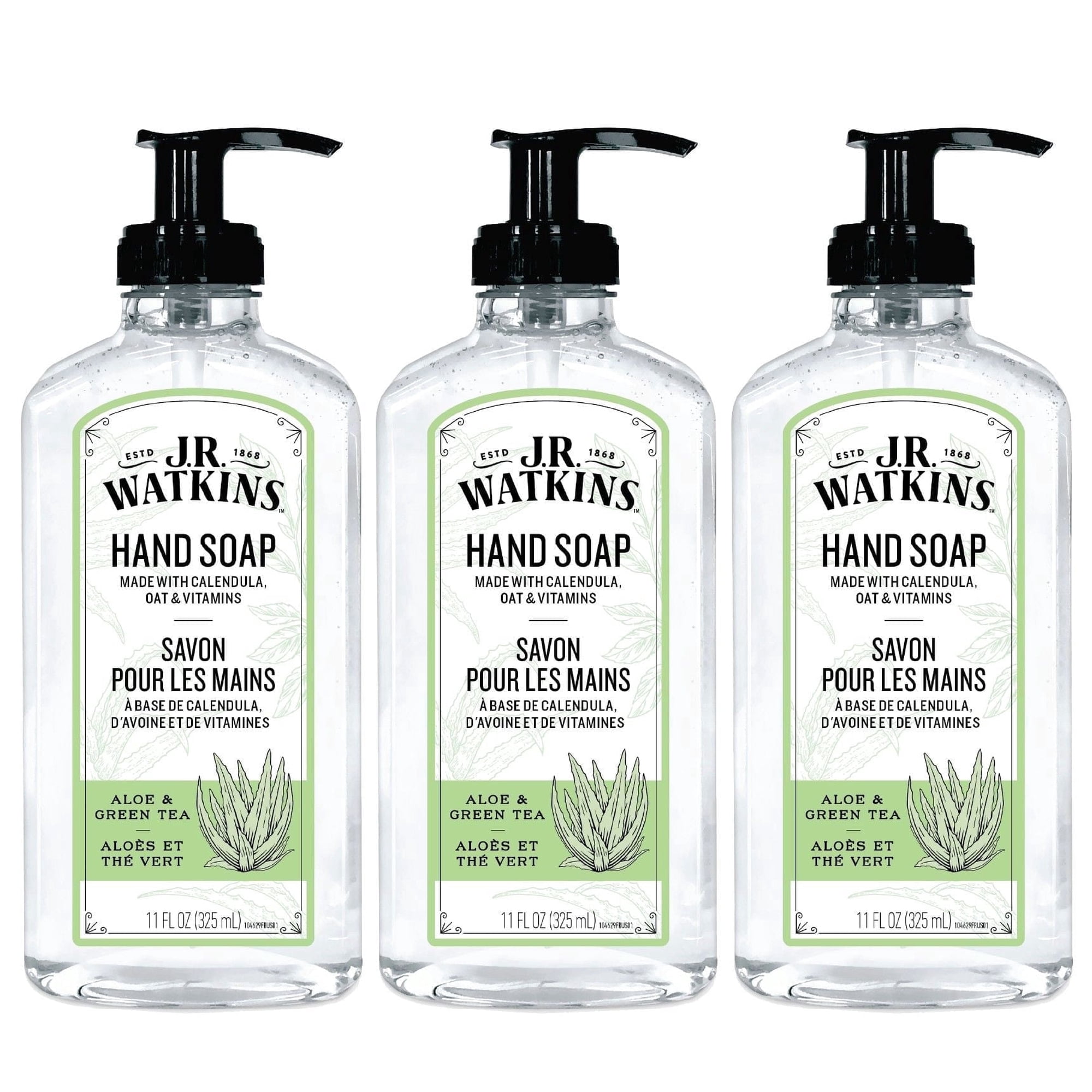 J.R. Watkins Gel Hand Soap, Aloe & Green Tea, 11oz (3 Pack)