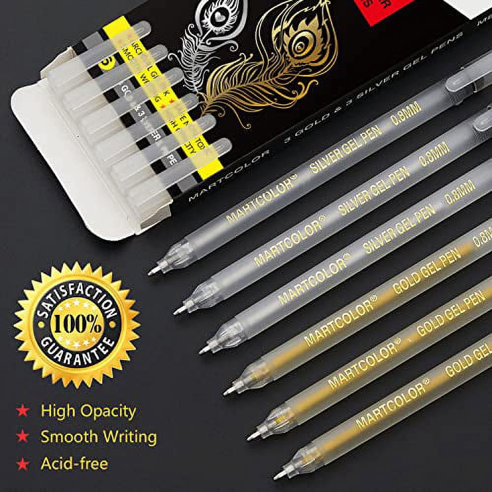 MARTCOLOR Gold Silver Metallic Gel Pen Set, 0.8mm Fine Point Gold and  Silver Gel Ink Pens, Archival Gel Ink Pens for Artist, Black Paper Drawing,  Sketching, Writing, Illustration, Pack of 6 