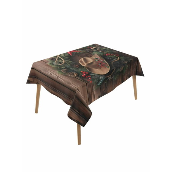 Rectangle Tablecloth 60 x 84 Inches Western Christmas Garland Cowboy Hat Wood Grain Waterproof & Stain Resistance Table Cloth Decorative Fabric Table Cover for Dinning/Party/Buffet/Banquet