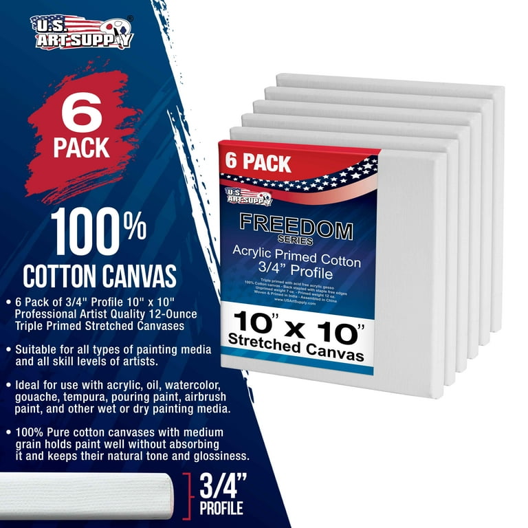 US Art Supply 10 x 10 inch Stretched Canvas 12-Ounce Triple Primed, 6-Pack  - Professional Artist Quality White Blank 3/4 Profile, 100% Cotton