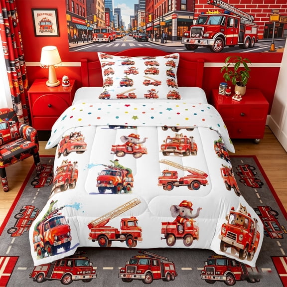 Castle Fairy Watercolor Fire Truck Twin Comforter Sets 3-Piece for Teens, Animal Driver Print Bedding Set for Toddler Bedroom, Red White