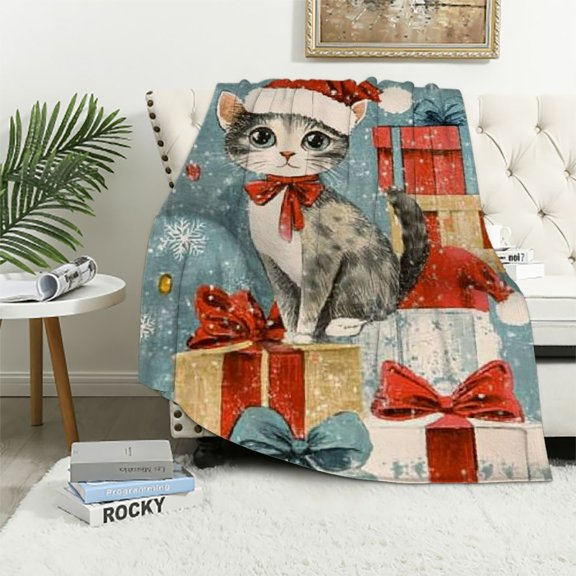 Patifu Christmas Cat Throw Blanket- Ultra Soft, ,Lightweight,Cute Festive Kitten,Santa Hat,Scarve,Snowflake and Present Blankets,for Couch Room Bedroom,Holiday Decor,Gifts for Kids   40x50in