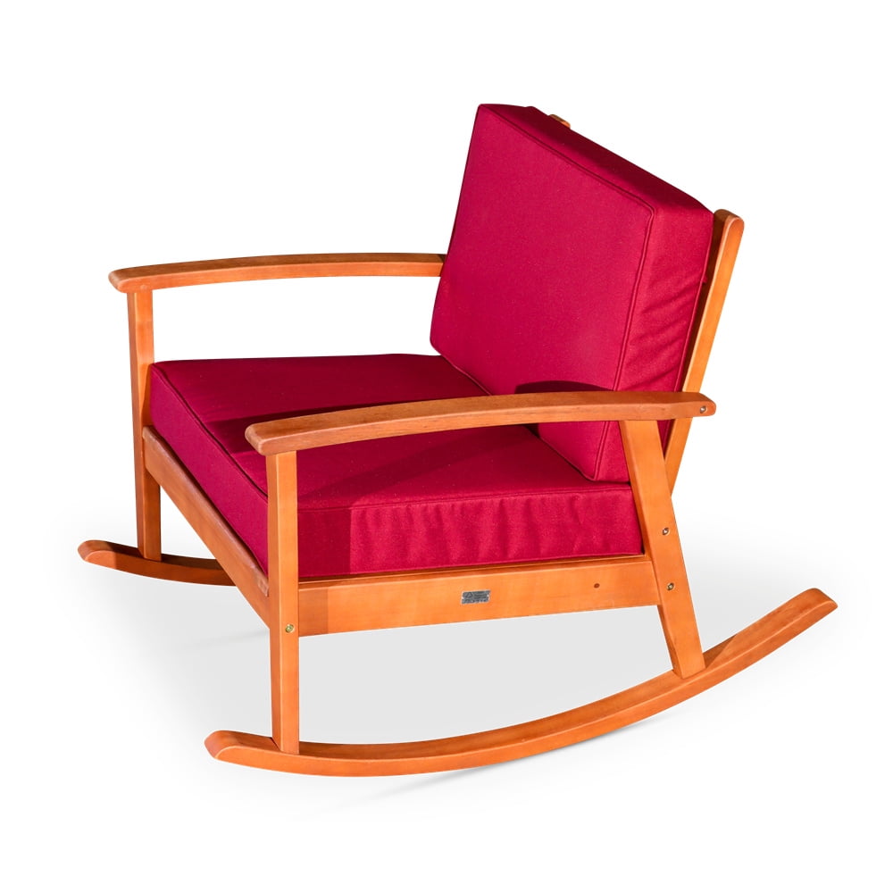 Cfowner Modern Accent Rocking Chair for Living Room/Bedroom/Nursery, Natural Oil Finish, Burgundy Cushions