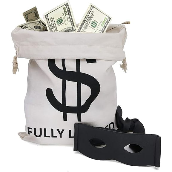 Halloween Money Sign Candy Bag Sack with Dollar Mark, Perfect for Kids, Teens Trick and Treat. (Money Bag 4 Pc With Masks)