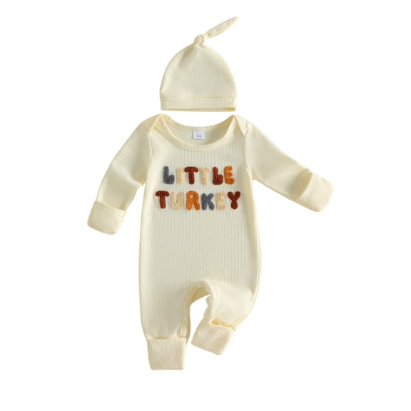 Cjfdfy Newborn Baby Boy Girl Thanksgiving Outfits Little Turkey Embroidery Waffle Knit Romper And Hat Coming Home Outfit Cute My First Thanksgiving Fall Holiday Winter Outfit 0-6 Months