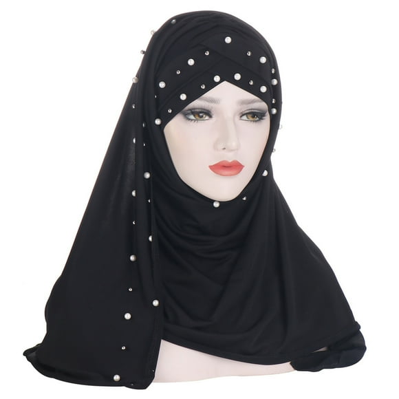 Opolski Fashion Women Headscarf Round Beads Faux Pearl Headwear Scarf Wrap for Daily Life