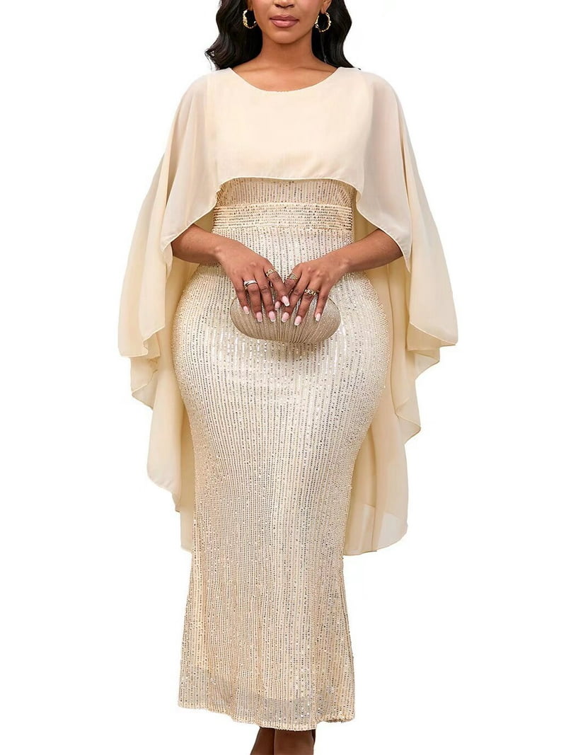 Women's Long Length Sequin Chiffon Beaded Capelet Dress, Formal Gown Party dress - Walmart.com Women's Long Length Sequin Chiffon Beaded Capelet Dress, Formal Gown Party dress - Walmart.com