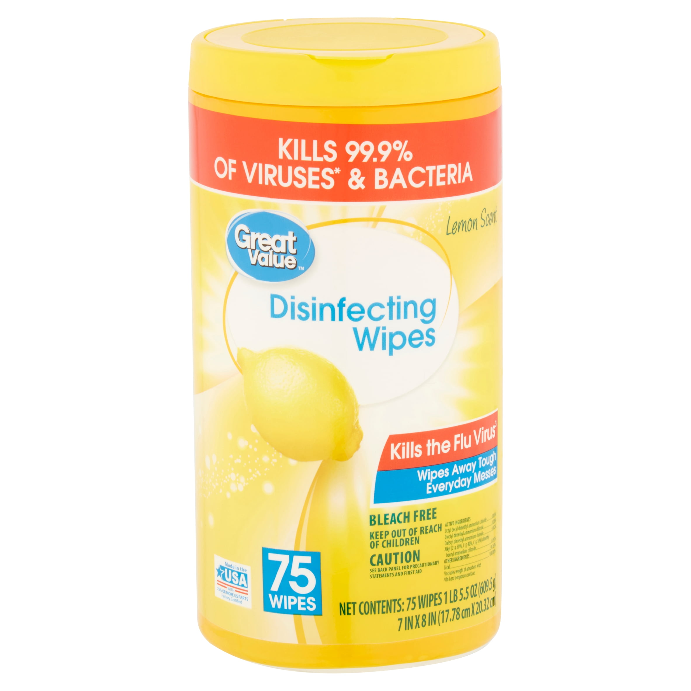 Great Value Lemon Scent Disinfecting Wipes, 75 Count, 1 Lbs, 5.5 Ounce