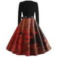 thumbnail image 3 of WTOBBY Women's Casual Elegant Slim Fit Halloween Printed Swing Dress Featuring Round Neck, Long Sleeves, Flared Hem, and Retro Design for Everyday Party Wear ,Vermilion 2XL, 3 of 3