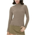thumbnail image 2 of Mifsaly Long Sleeve Thermal Tops Women Scallop Mock Neck Slim Fit Undershirts Breathable Soft Stretchy Ribbed Shirts Going Out Fall Winter Pullover Basic Blouse Khaki, 2 of 9