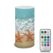 COEQINE Beach Starfish Sea Blue Flameless Candle Electric LED Lights with Dancing Flame Timer Remote Color Lights, 3 AAA Batteries Operated (Not Include), Beach Themed Home Indoor Decor