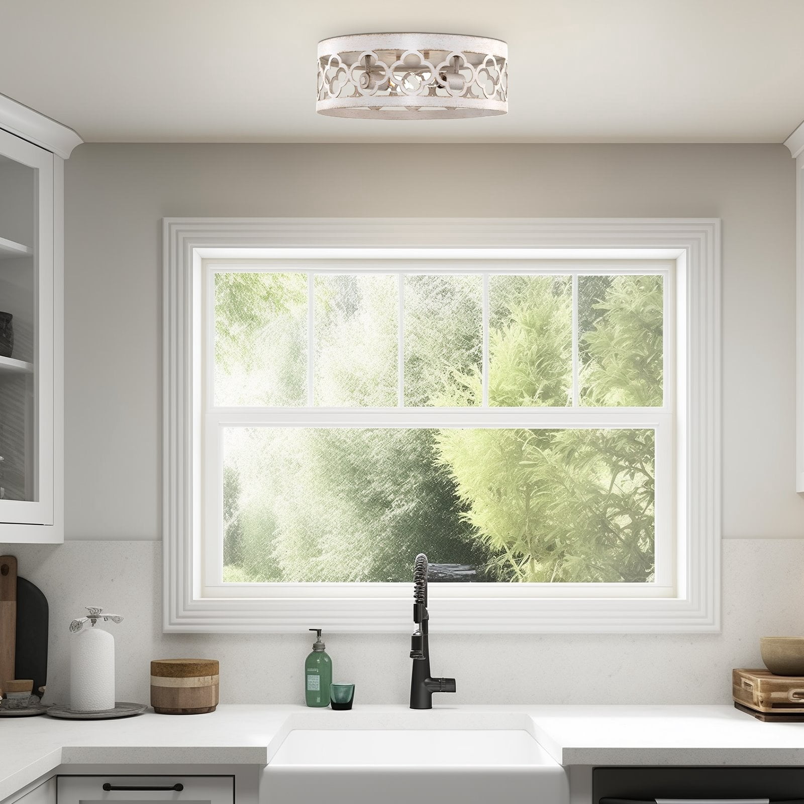 Kira Home Sutton 13" Farmhouse Quatrefoil Flush Mount Ceiling Light, Distressed White Metal Drum Shade, Antique White